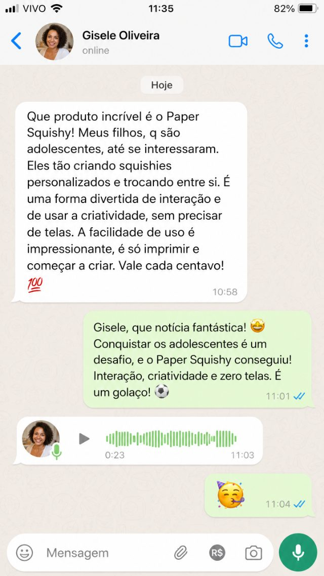 Depoimento de WhatsApp da Gisele Oliveira sobre o Paper Squishy