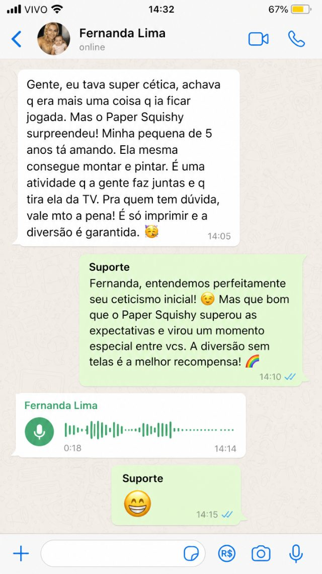 Depoimento de WhatsApp da Fernanda Lima sobre o Paper Squishy